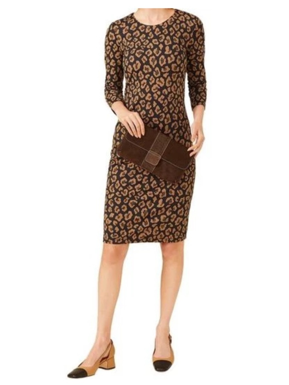 J. McLaughlin 3/4 Sleeve Sophia Dress Black Animal Print Size XL Stretch Casual